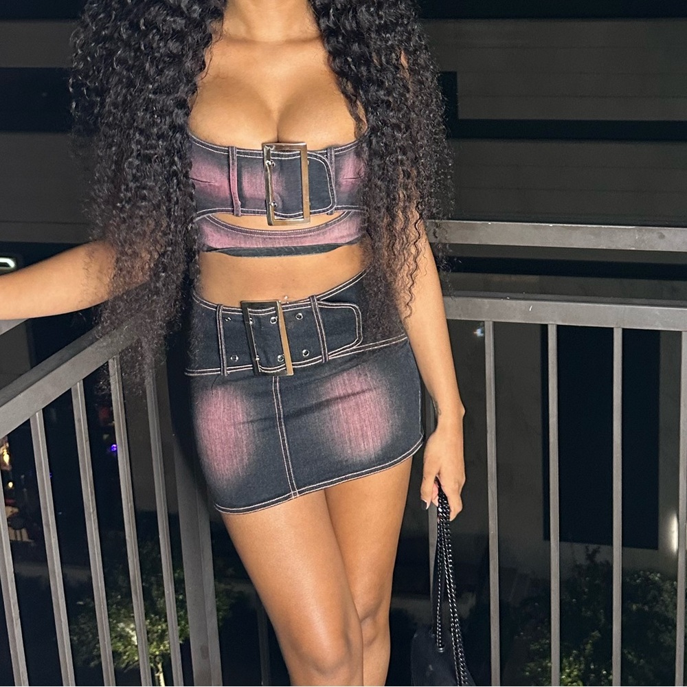 Stylish Black and Pink Belted Two-Piece Set